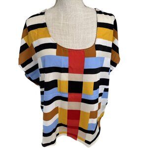 New York & Company Womens Geometric Striped Short Sleeve Top Size L Multicolor